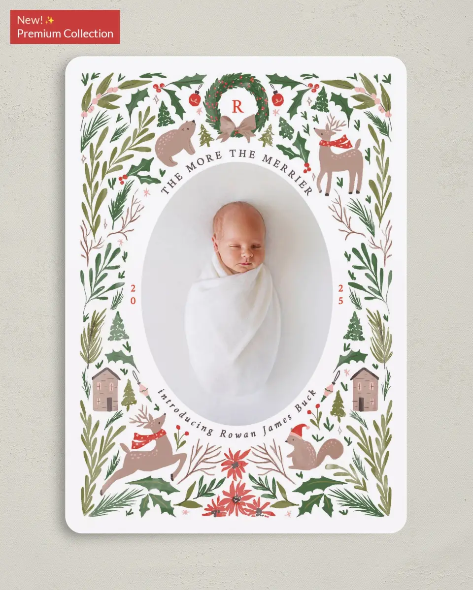 This is a 5" x 7" Christmas Card called Woodland Blessing printed in full color with Gold foil on Premium Smooth paper