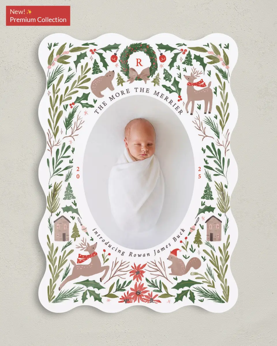 This is a 5" x 7" Christmas Card called Woodland Blessing printed in full color with Gold foil on Premium Smooth paper