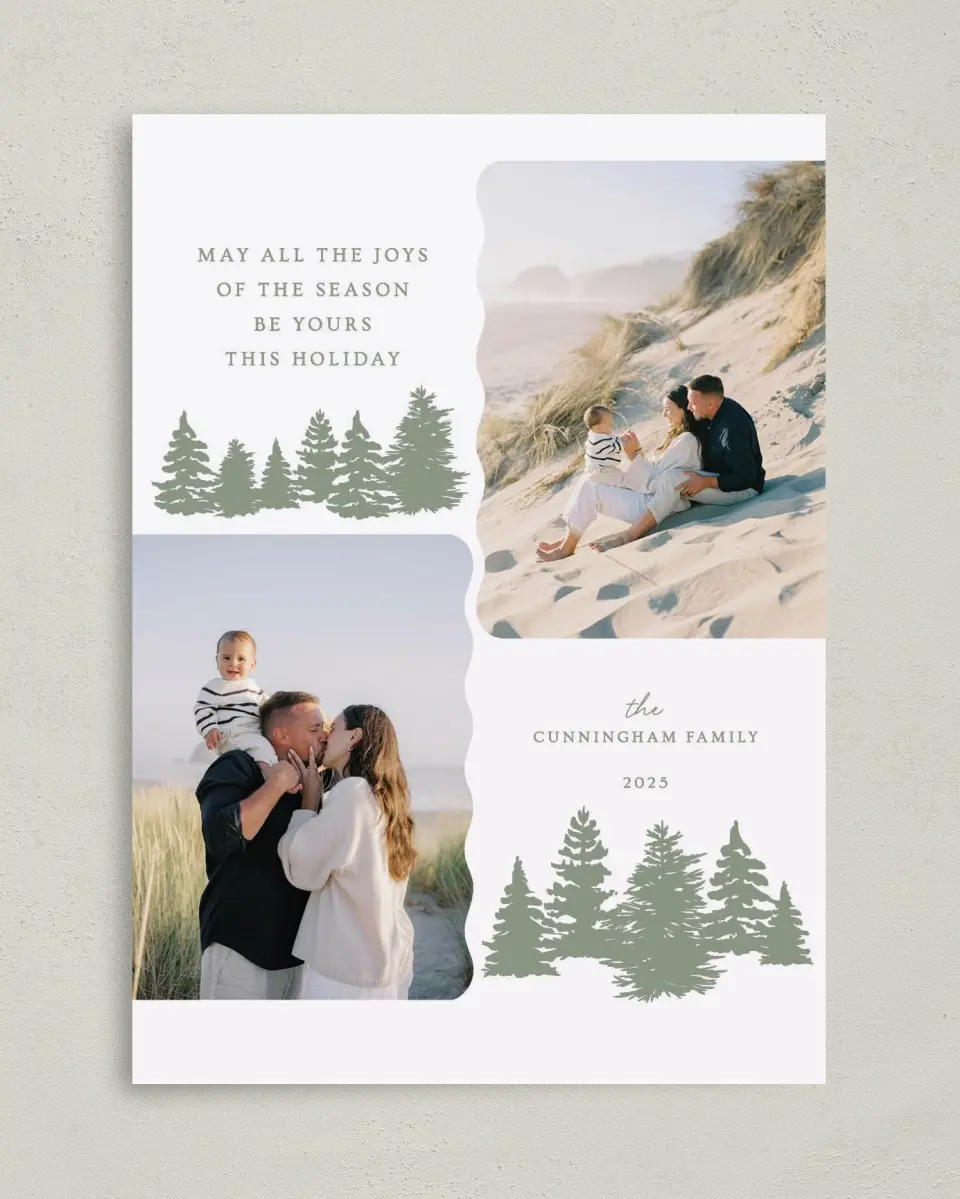 This is a 5" x 7" Christmas Card called Joyful Pines printed in full color on Premium Smooth paper