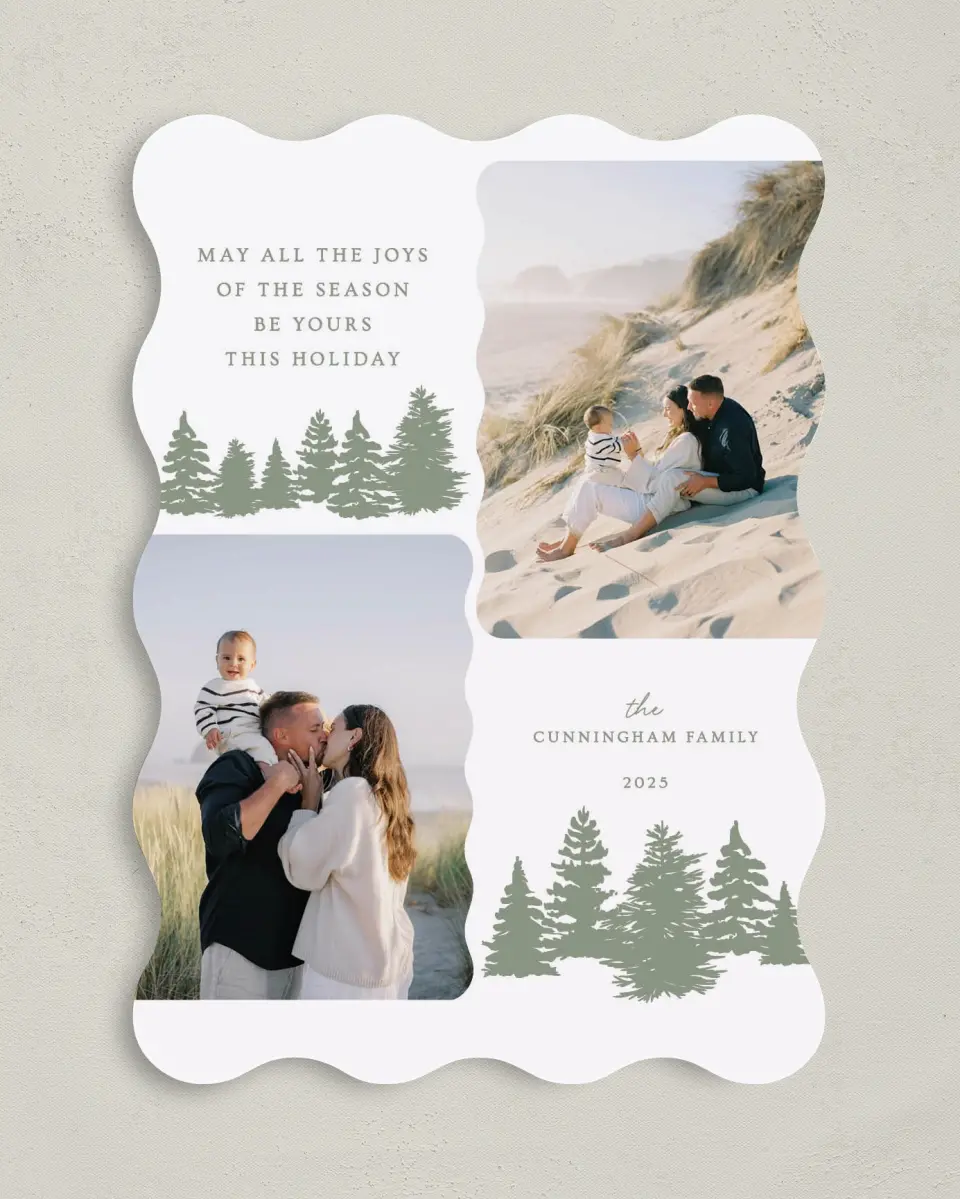 This is a 5" x 7" Christmas Card called Joyful Pines printed in full color on Premium Smooth paper