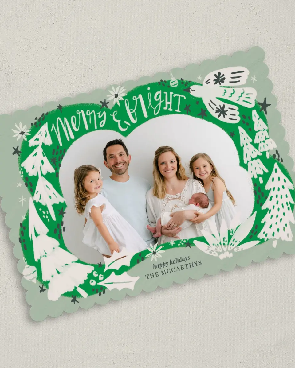 This is a 5" x 7" Christmas Card called Playful Pines printed in full color on Premium Smooth paper on Premium Smooth paper on Premium Smooth paper