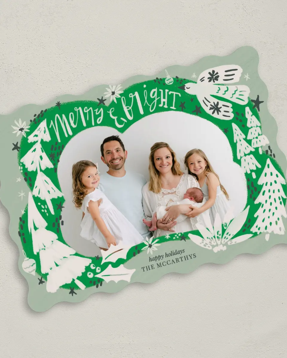 This is a 5" x 7" Christmas Card called Playful Pines printed in full color on Premium Smooth paper