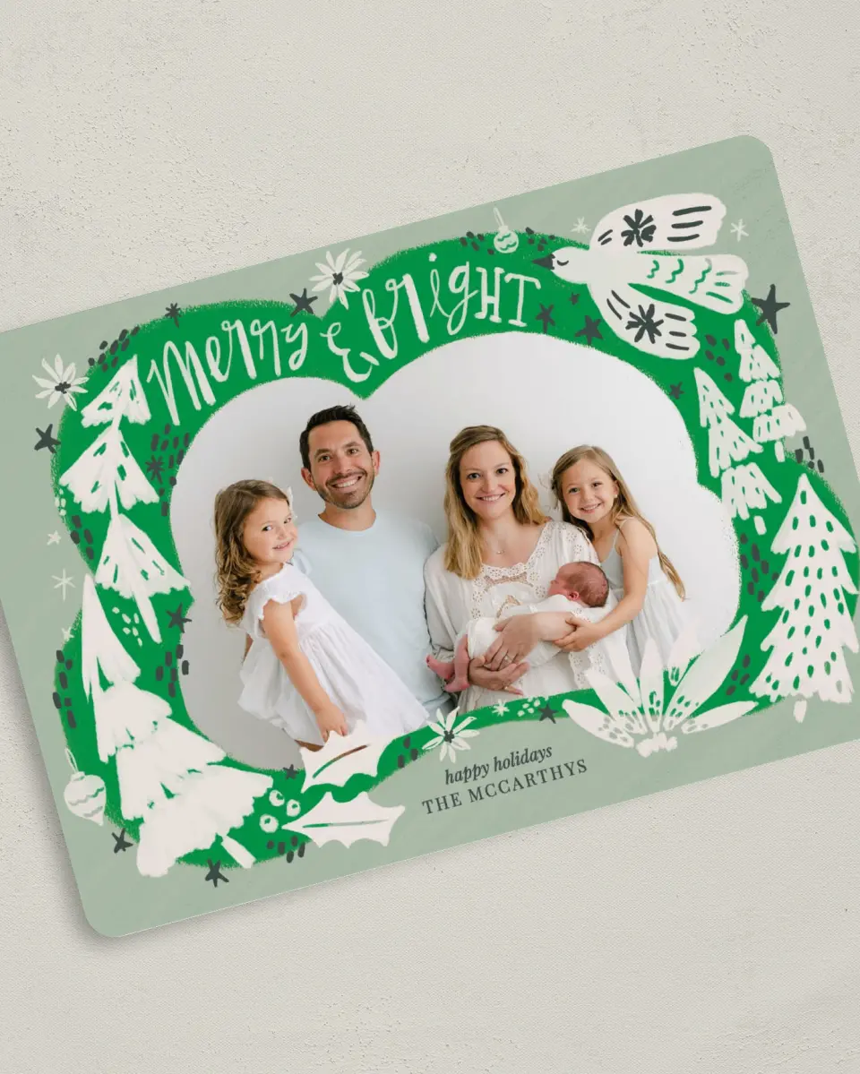 This is a 5" x 7" Christmas Card called Playful Pines printed in full color on Premium Smooth paper