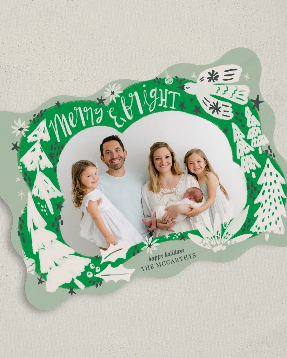 This is a 5" x 7" Christmas Card called Playful Pines printed in full color on Premium Smooth paper