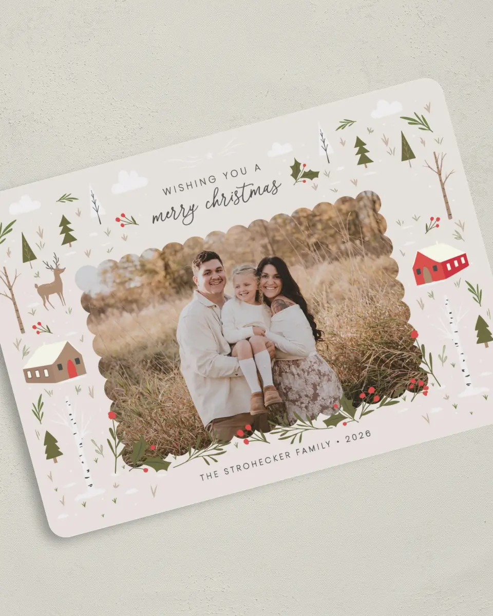 This is a 5" x 7" Christmas Card called Whimsy Woodland printed in full color with Gold foil on Premium Smooth paper