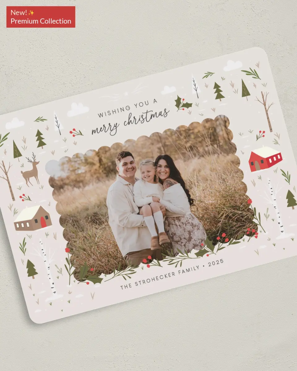 This is a 5" x 7" Christmas Card called Whimsy Woodland printed in full color with Gold foil on Premium Smooth paper