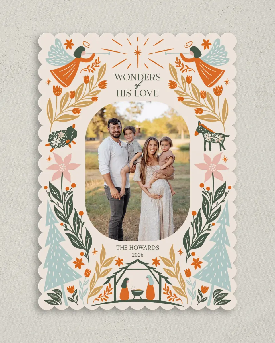 This is a 5" x 7" Christmas Card called Profound Wonders printed in full color with Gold foil on Premium Smooth paper on Premium Smooth paper on Premium Smooth paper