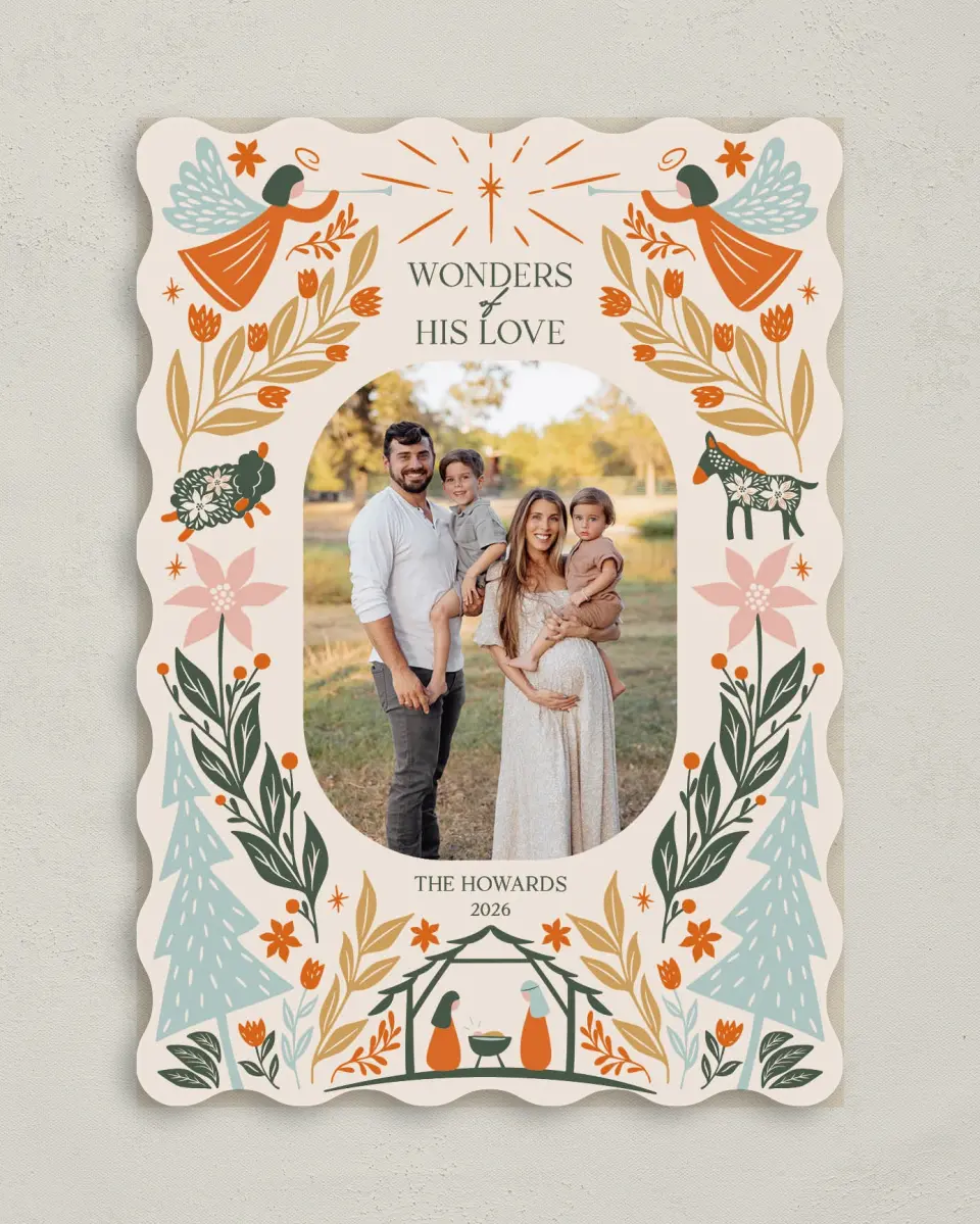 This is a 5" x 7" Christmas Card called Profound Wonders printed in full color with Gold foil on Premium Smooth paper