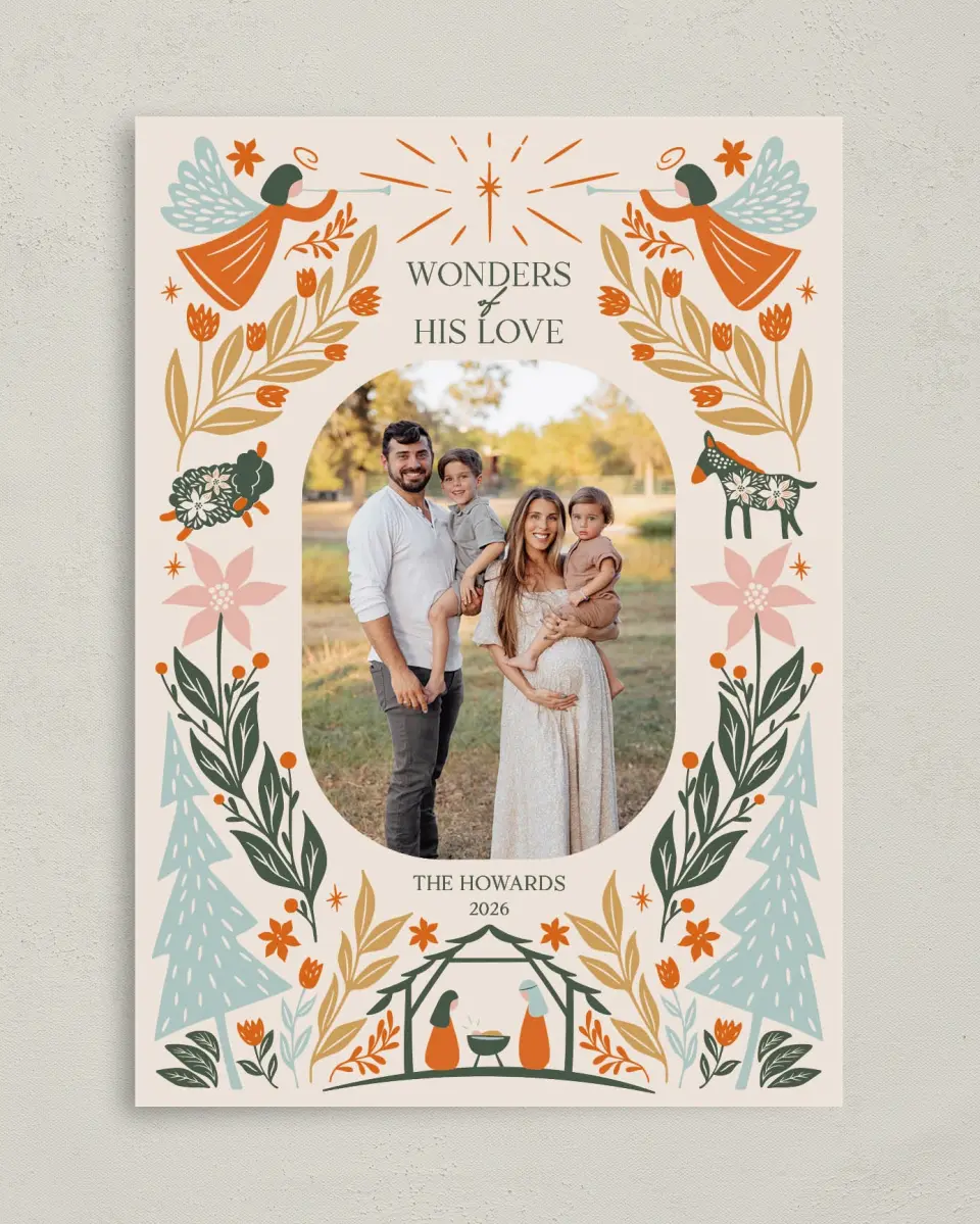 This is a 5" x 7" Christmas Card called Profound Wonders printed in full color with Gold foil on Premium Smooth paper