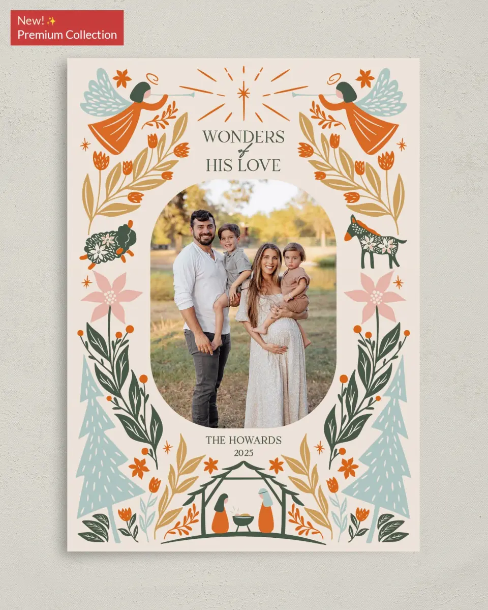 This is a 5" x 7" Christmas Card called Profound Wonders printed in full color with Gold foil on Premium Smooth paper