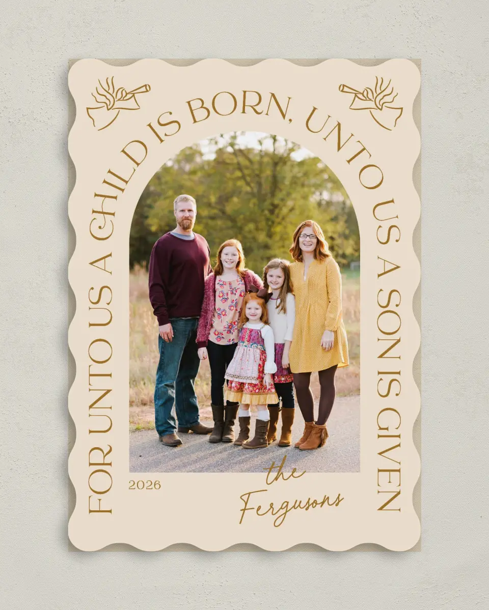 This is a 5" x 7" Christmas Card called Triumphant News printed in full color on Premium Smooth paper