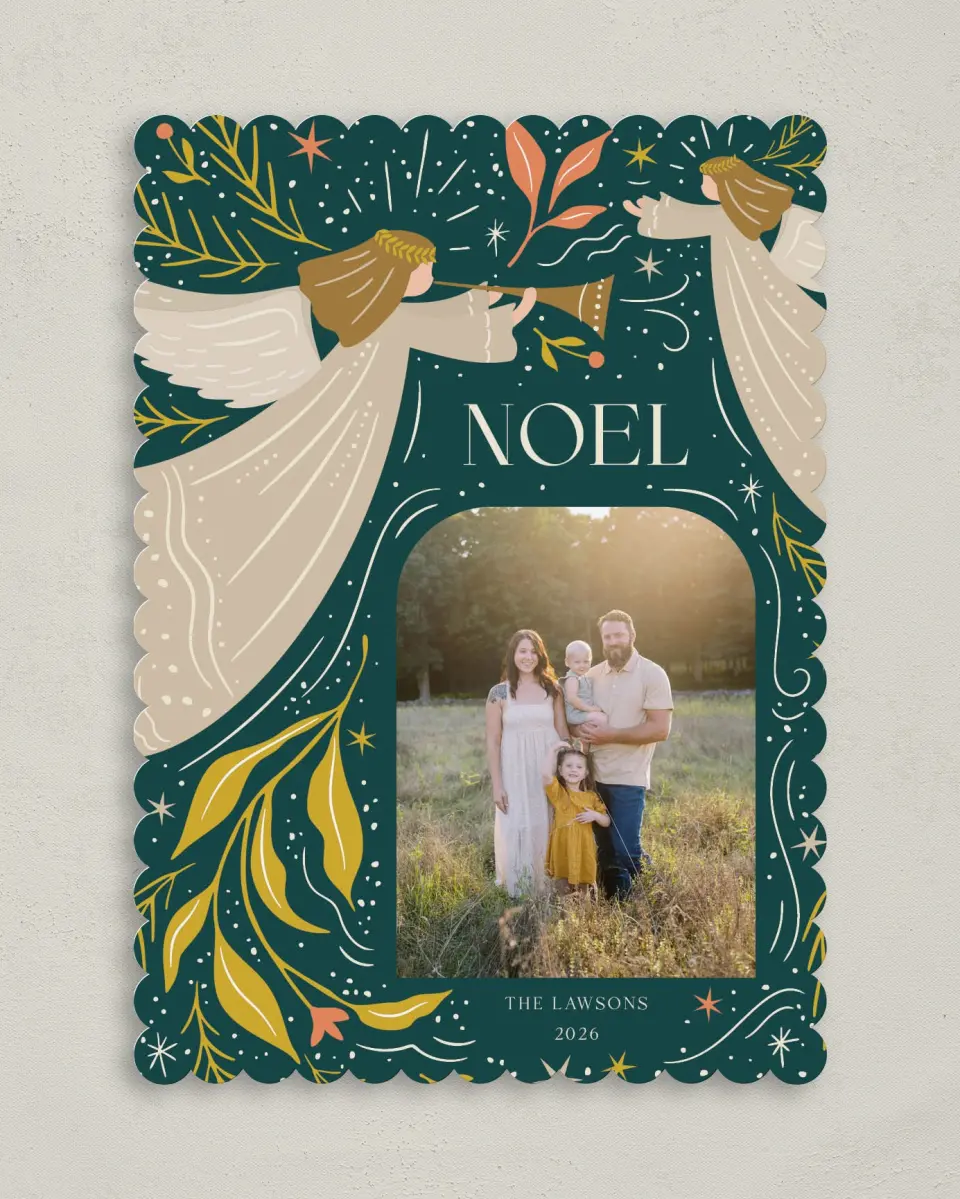 This is a 5" x 7" Christmas Card called Joyful Noel printed in full color with Gold foil on Premium Smooth paper on Premium Smooth paper on Premium Smooth paper