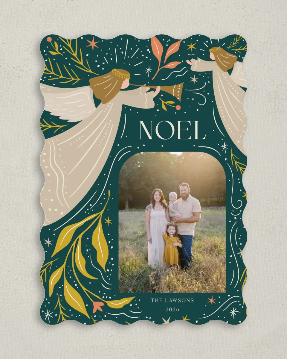 This is a 5" x 7" Christmas Card called Joyful Noel printed in full color with Gold foil on Premium Smooth paper