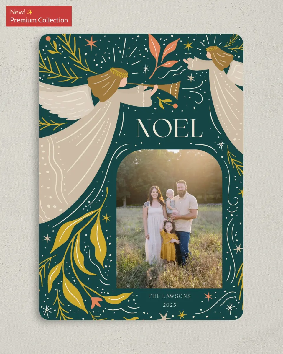 This is a 5" x 7" Christmas Card called Joyful Noel printed in full color with Gold foil on Premium Smooth paper