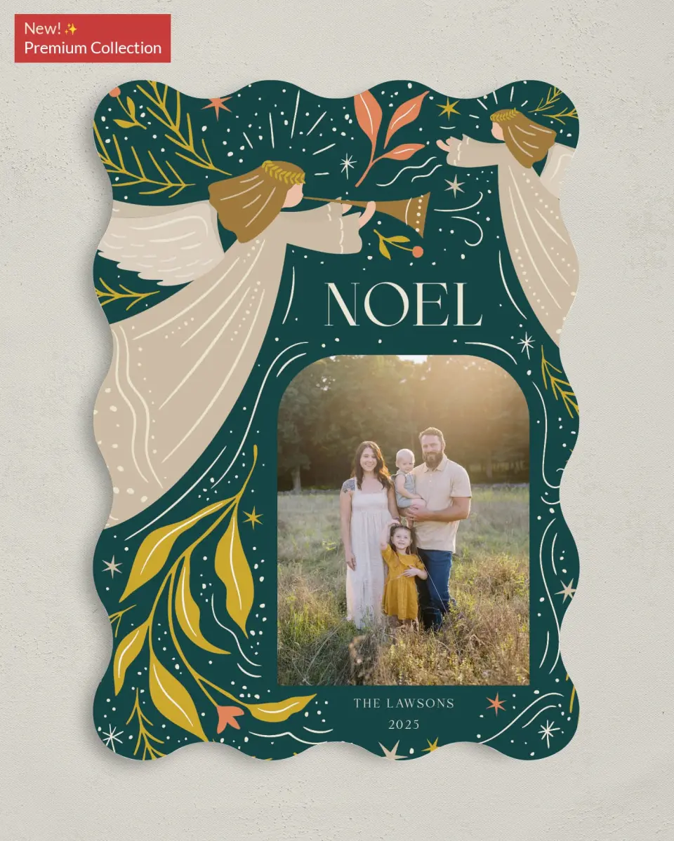 This is a 5" x 7" Christmas Card called Joyful Noel printed in full color with Gold foil on Premium Smooth paper