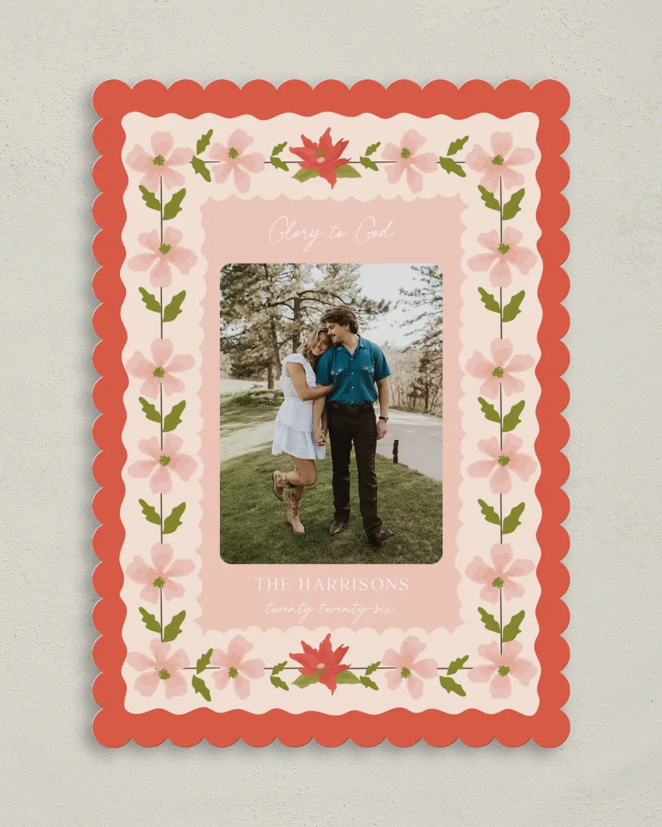 This is a 5" x 7" Christmas Card called Festive Flora printed in full color on Premium Smooth paper on Premium Smooth paper on Premium Smooth paper