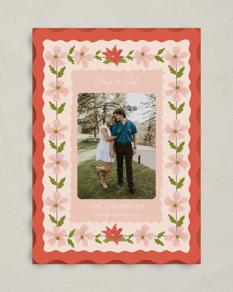 This is a 5" x 7" Christmas Card called Festive Flora printed in full color on Premium Smooth paper