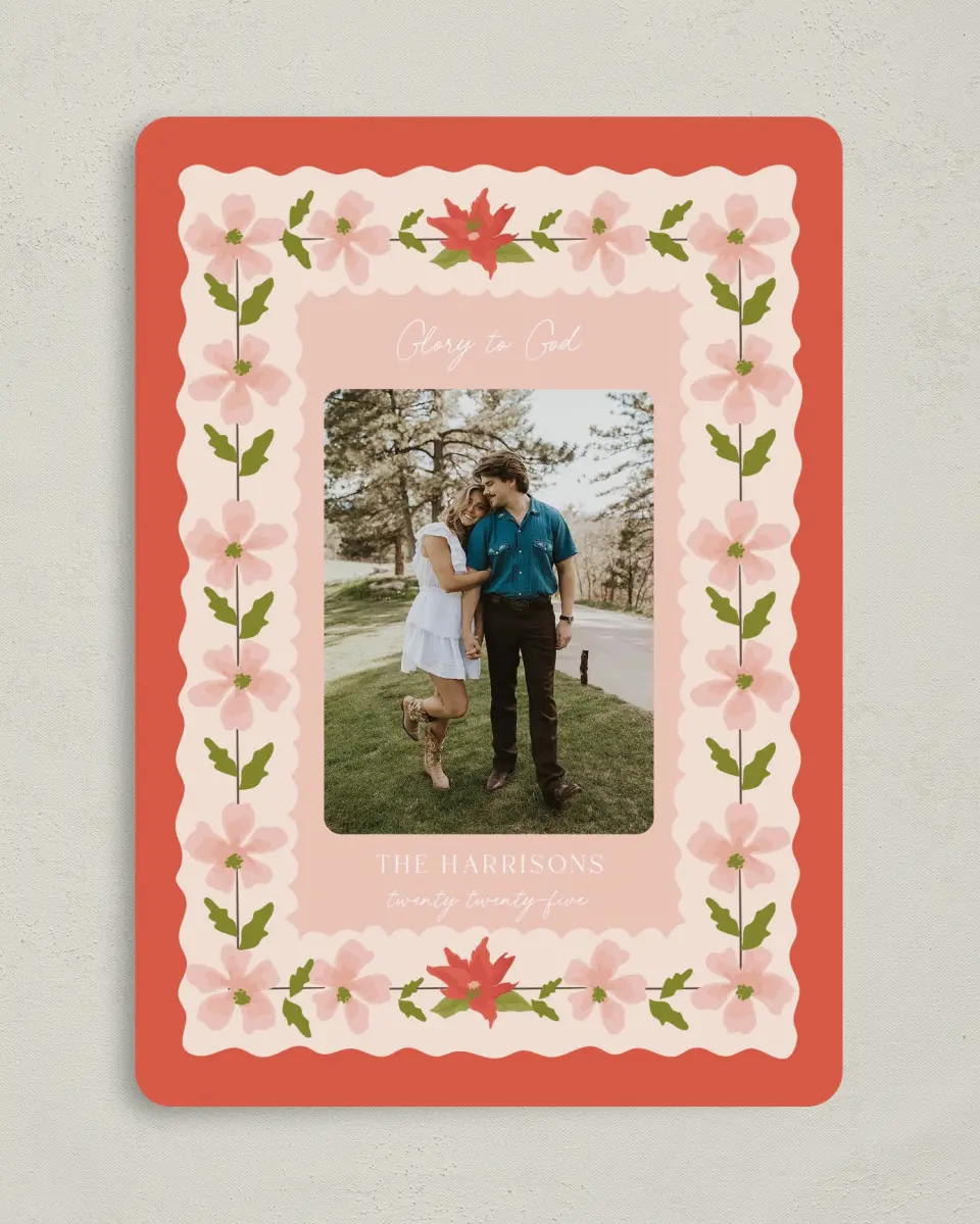 This is a 5" x 7" Christmas Card called Festive Flora printed in full color on Premium Smooth paper