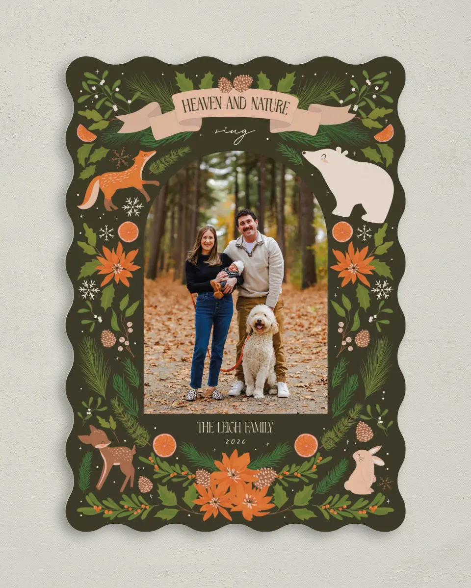 This is a 5" x 7" Christmas Card called Festive Forest printed in full color with Gold foil on Premium Smooth paper