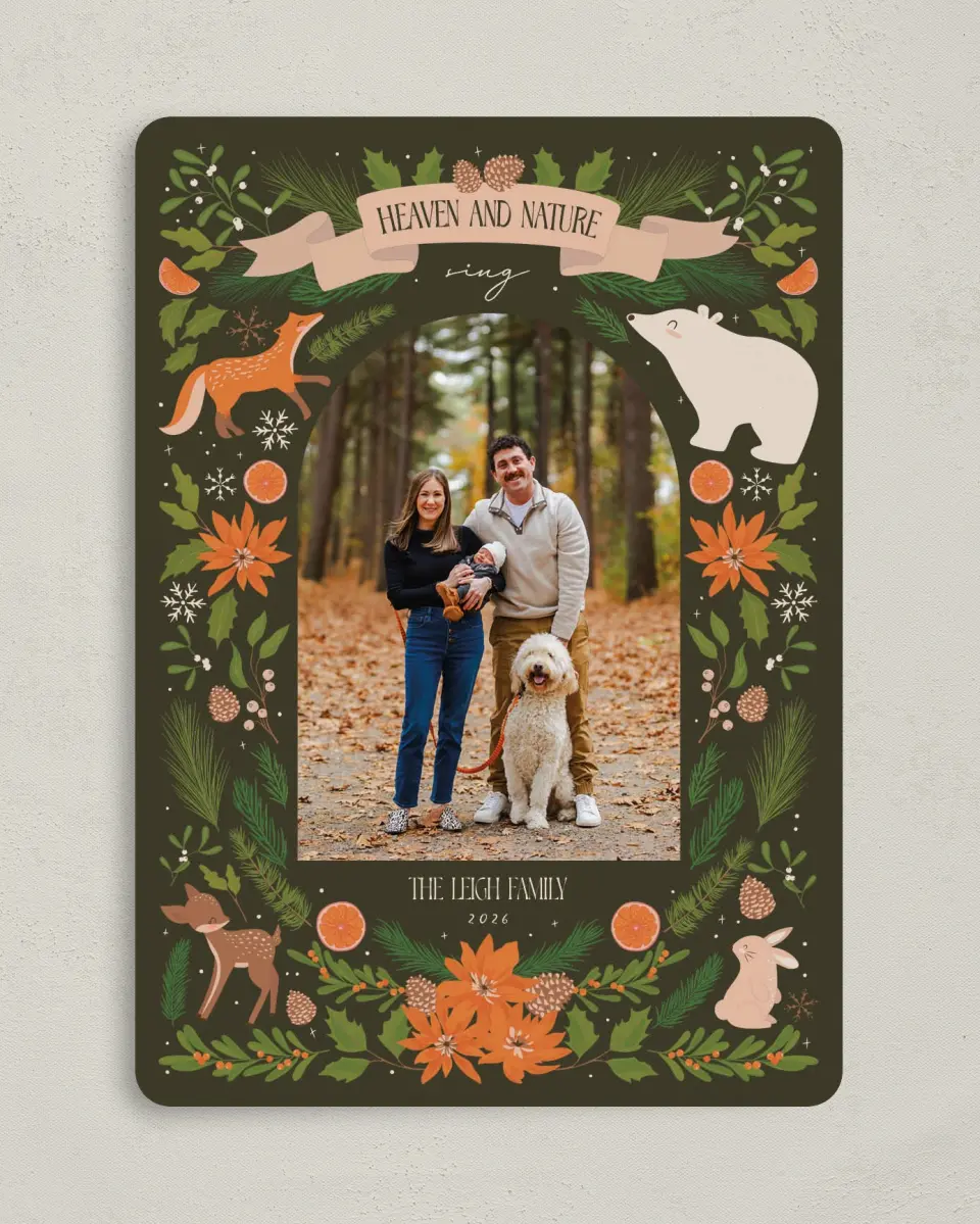 This is a 5" x 7" Christmas Card called Festive Forest printed in full color with Gold foil on Premium Smooth paper