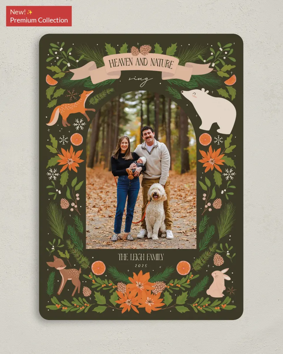 This is a 5" x 7" Christmas Card called Festive Forest printed in full color with Gold foil on Premium Smooth paper