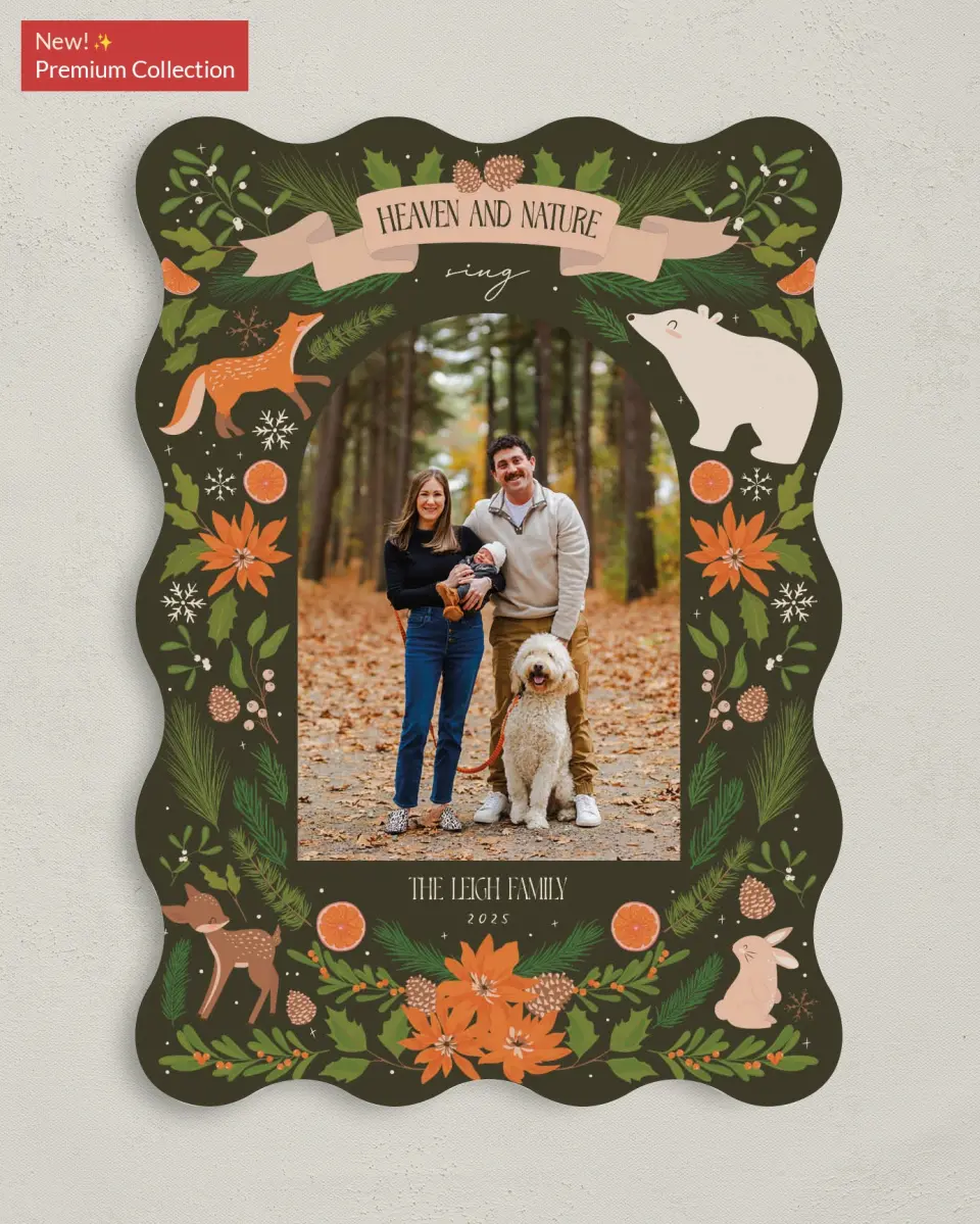 This is a 5" x 7" Christmas Card called Festive Forest printed in full color with Gold foil on Premium Smooth paper