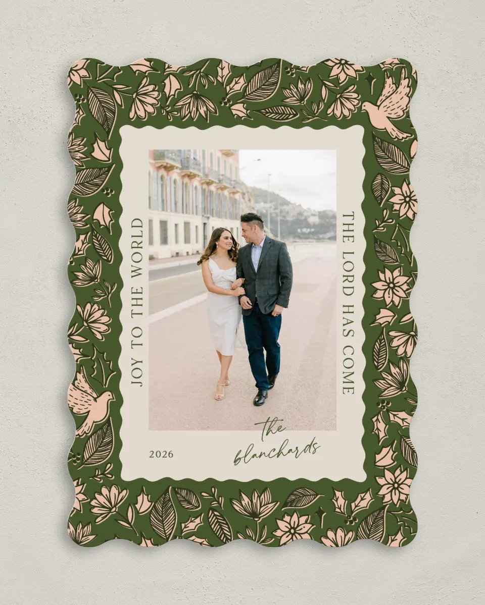 This is a 5" x 7" Christmas Card called Peace & Joy printed in full color on Premium Smooth paper