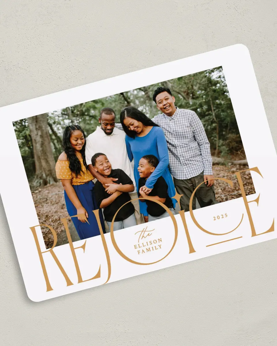 This is a 5" x 7" Christmas Card called Rejoicing Together printed in full color on Premium Smooth paper