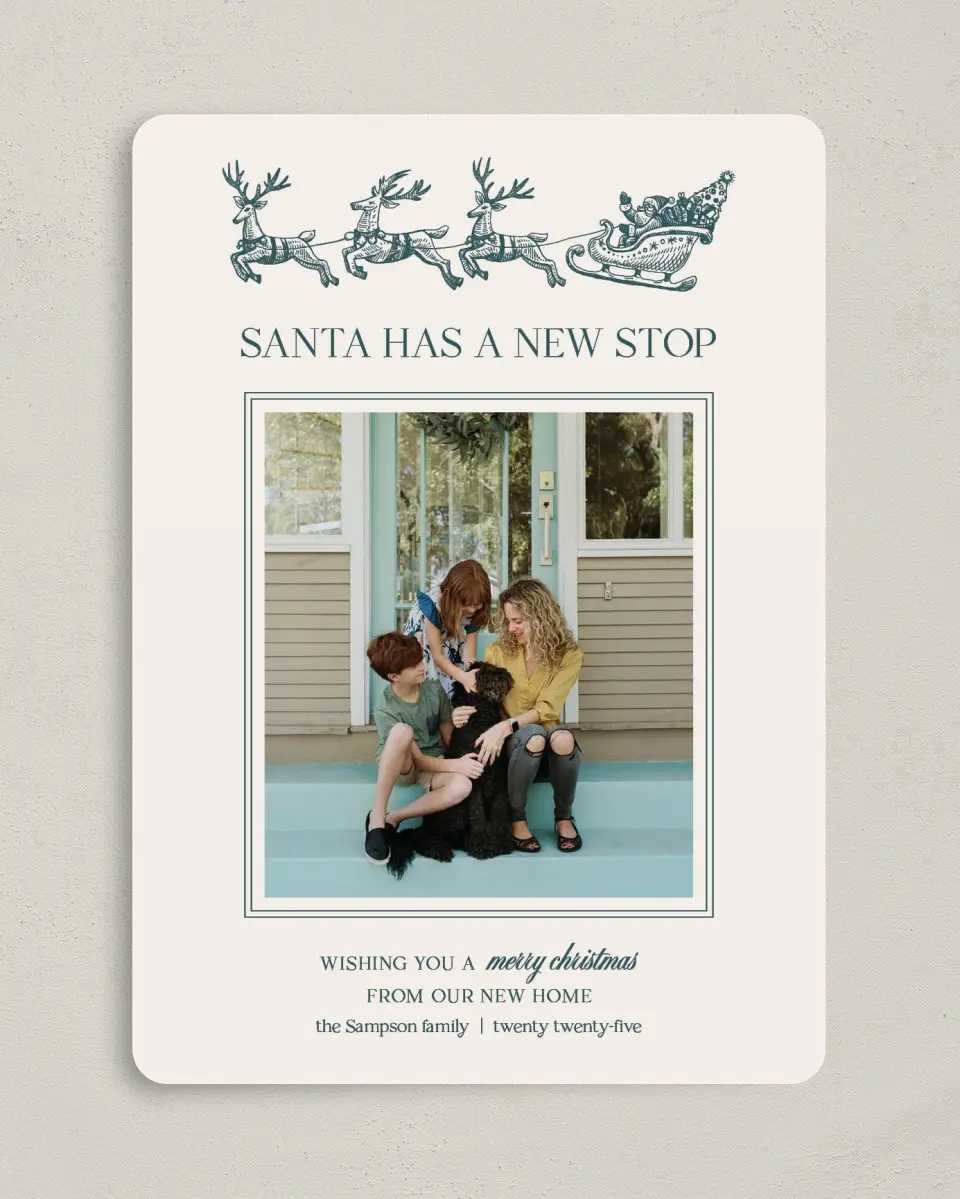 This is a 5" x 7" Christmas Card called Santa's New Stop printed in full color on Premium Smooth paper