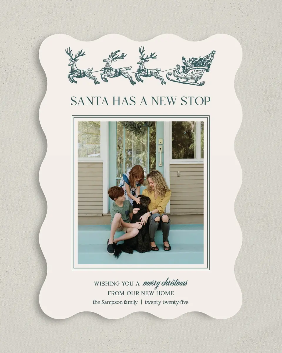 This is a 5" x 7" Christmas Card called Santa's New Stop printed in full color with Gold foil on Soft Suede (coated) paper