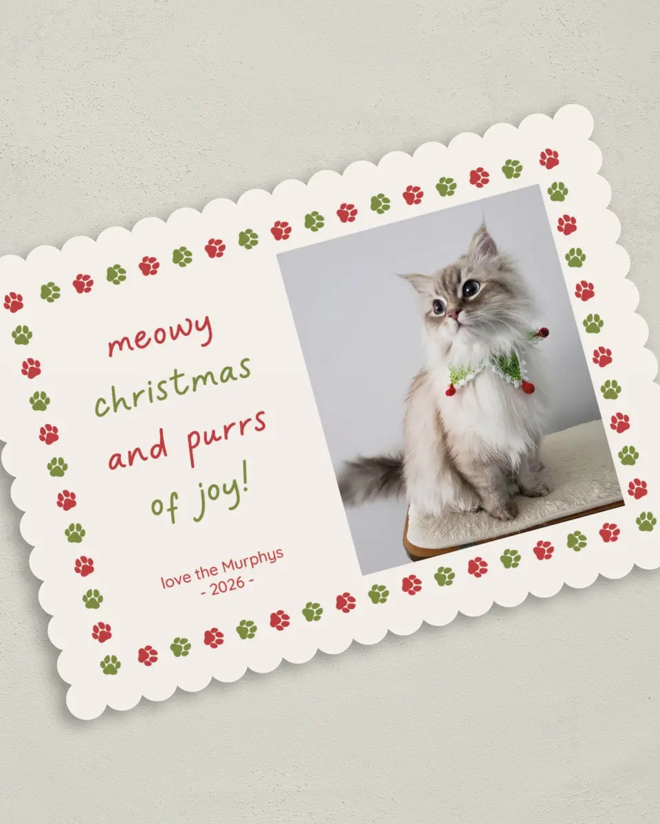 This is a 5" x 7" Christmas Card called Purrs of Joy printed in full color on Premium Smooth paper on Premium Smooth paper on Premium Smooth paper