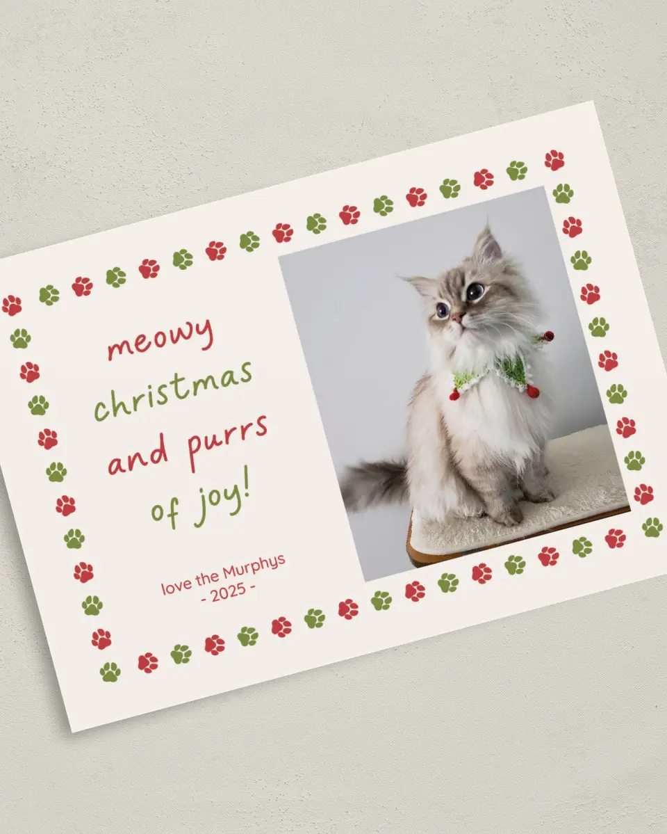 This is a 5" x 7" Christmas Card called Purrs of Joy printed in full color on Premium Smooth paper