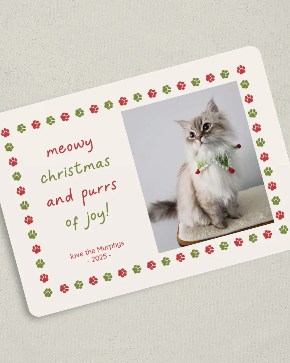This is a 5" x 7" Christmas Card called Purrs of Joy printed in full color on Premium Smooth paper
