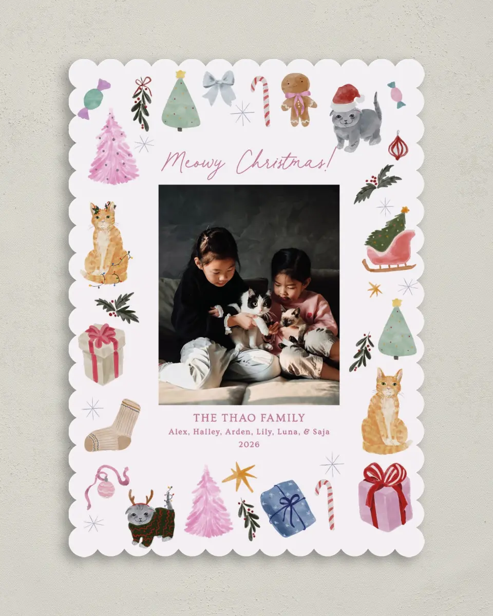 This is a 5" x 7" Christmas Card called Whisker Wishes printed in full color on Premium Smooth paper on Premium Smooth paper on Premium Smooth paper