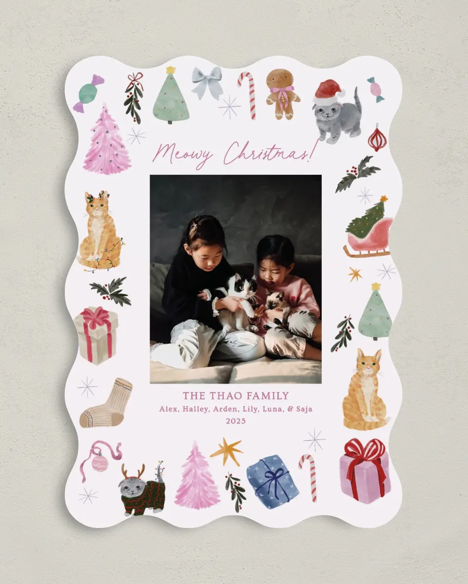 This is a 5" x 7" Christmas Card called Whisker Wishes printed in full color with Rose Gold foil on Soft Suede (coated) paper
