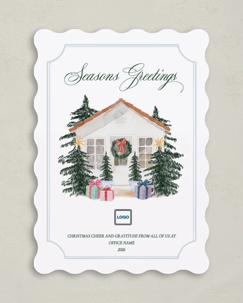 This is a 5" x 7" Christmas Card called Seasons Greetings printed in full color with Rose Gold foil on Soft Suede (coated) paper