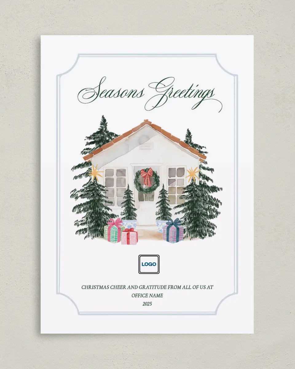 This is a 5" x 7" Christmas Card called Seasons Greetings printed in full color with Gold foil on Soft Suede (coated) paper