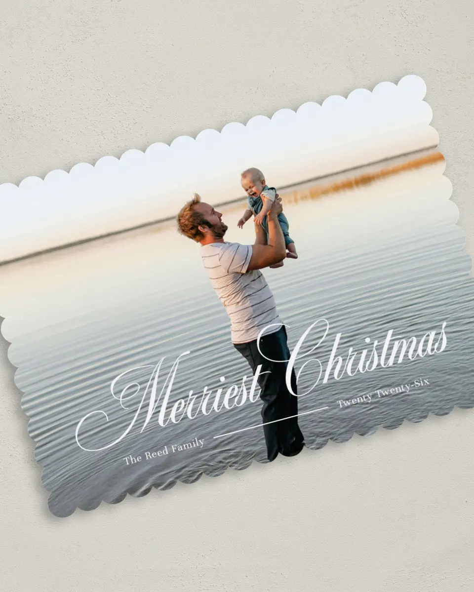 This is a 5" x 7" Christmas Card called Merriest Wishes printed in full color on Premium Smooth paper on Premium Smooth paper on Premium Smooth paper