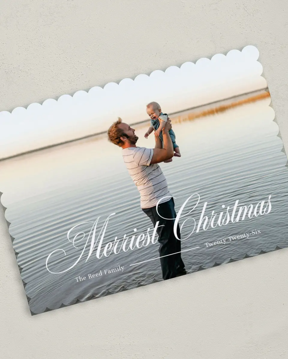 This is a 5" x 7" Christmas Card called Merriest Wishes printed in full color on Premium Smooth paper on Premium Smooth paper on Premium Smooth paper