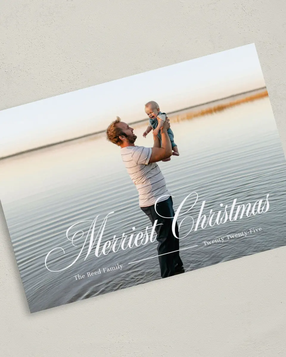 This is a 5" x 7" Christmas Card called Merriest Wishes printed in full color on Premium Smooth paper