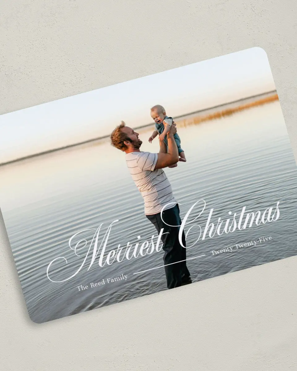 This is a 5" x 7" Christmas Card called Merriest Wishes printed in full color on Premium Smooth paper