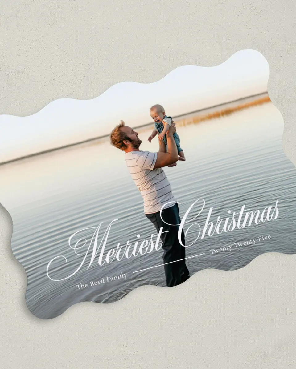 This is a 5" x 7" Christmas Card called Merriest Wishes printed in full color on Premium Smooth paper