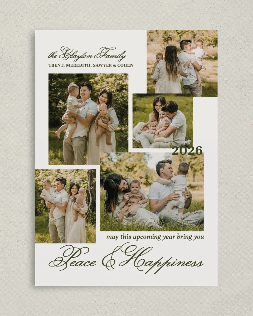 This is a 5" x 7" Christmas Card called Peace & Happiness printed in full color with Rose Gold foil on Soft Suede (coated) paper