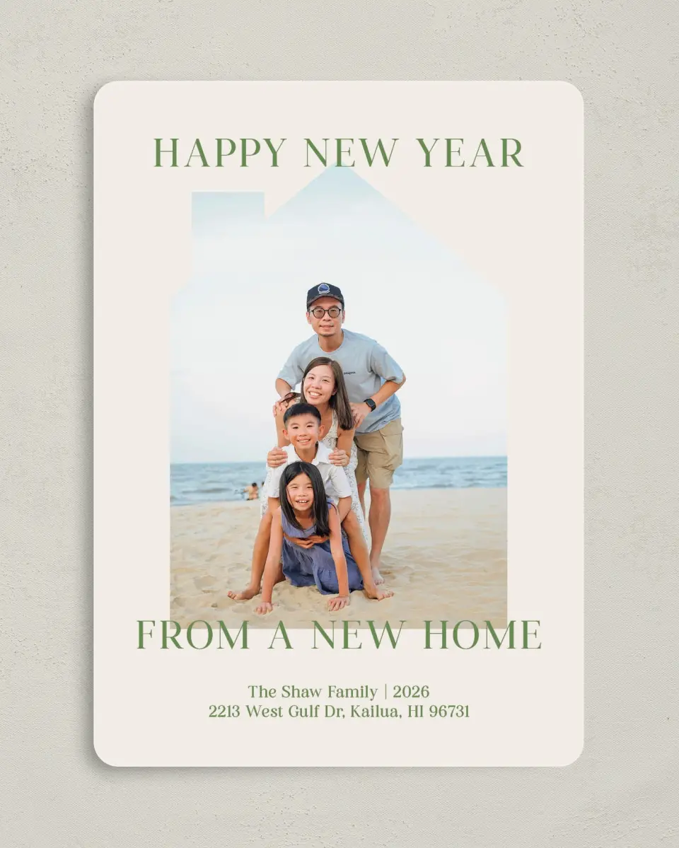 This is a 5" x 7" Christmas Card called Happy New Home printed in full color on Premium Smooth paper
