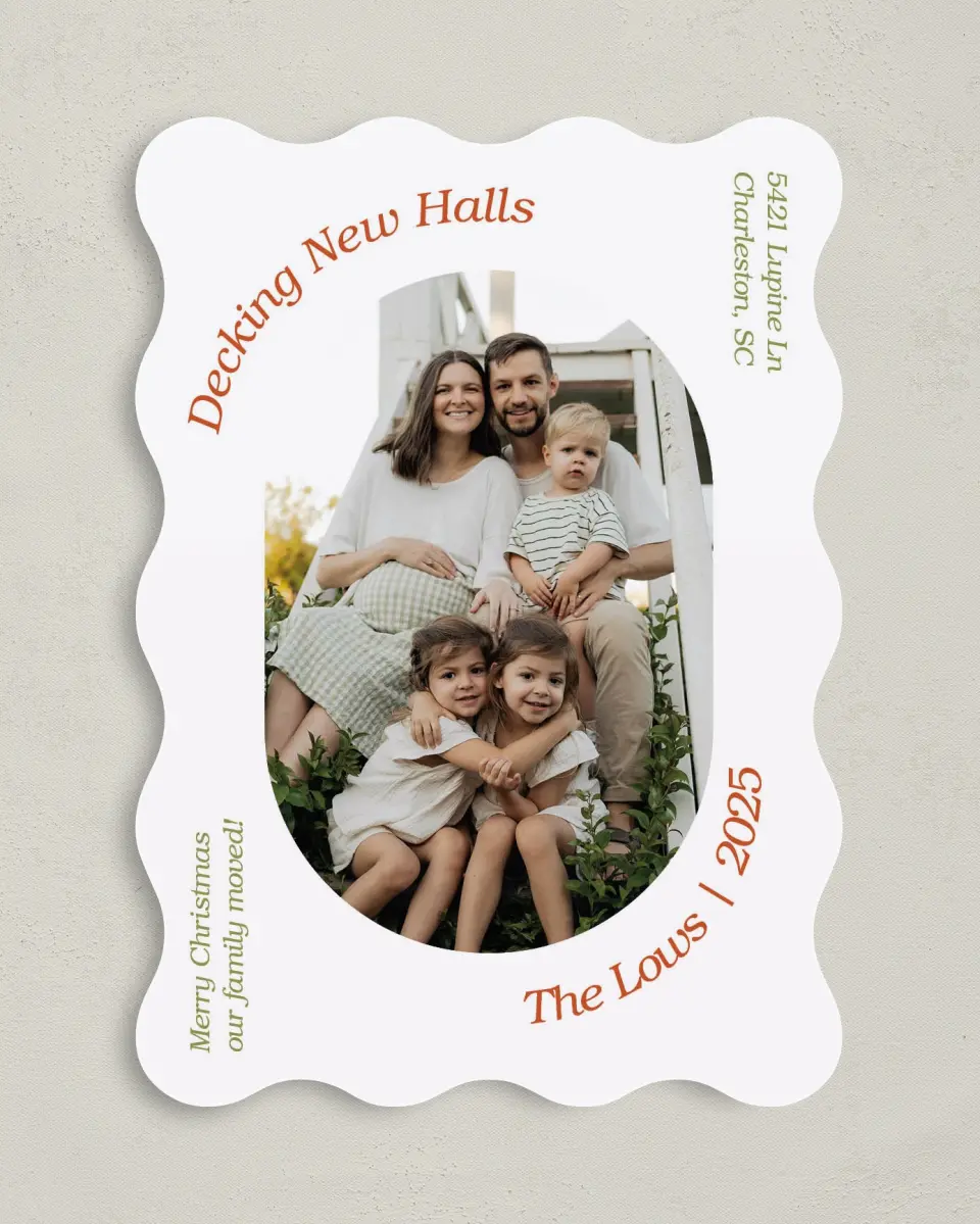 This is a 5" x 7" Christmas Card called Deck New Halls printed in full color with Gold foil on Soft Suede (coated) paper