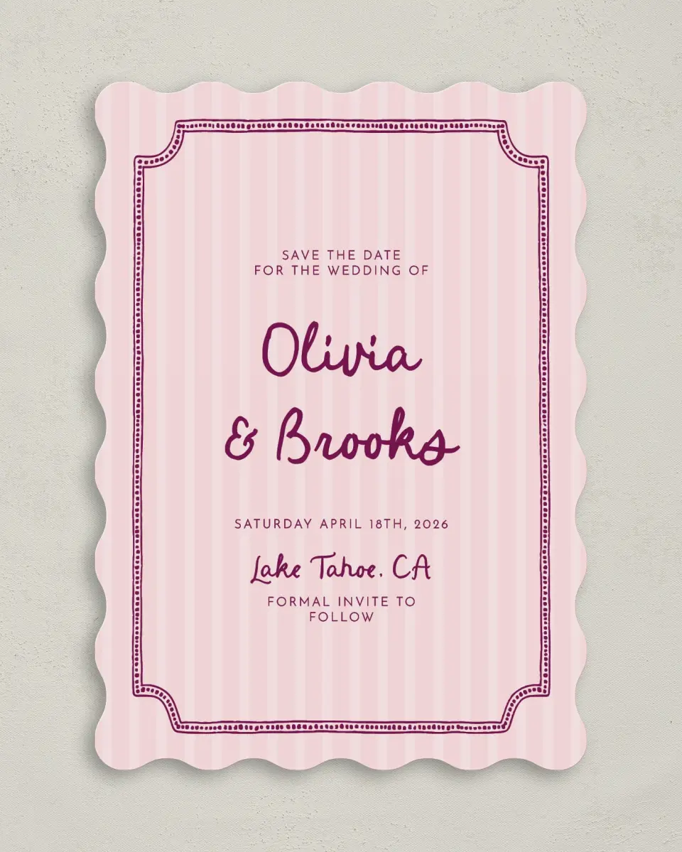 This is a 5" x 7" Save the Date Card called Scalloped Elegance printed in full color on Premium Smooth paper