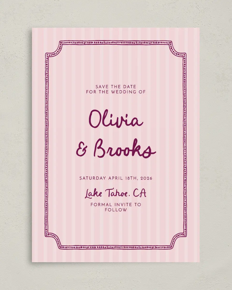This is a 5" x 7" Save the Date Card called Scalloped Elegance printed in full color on Premium Smooth paper