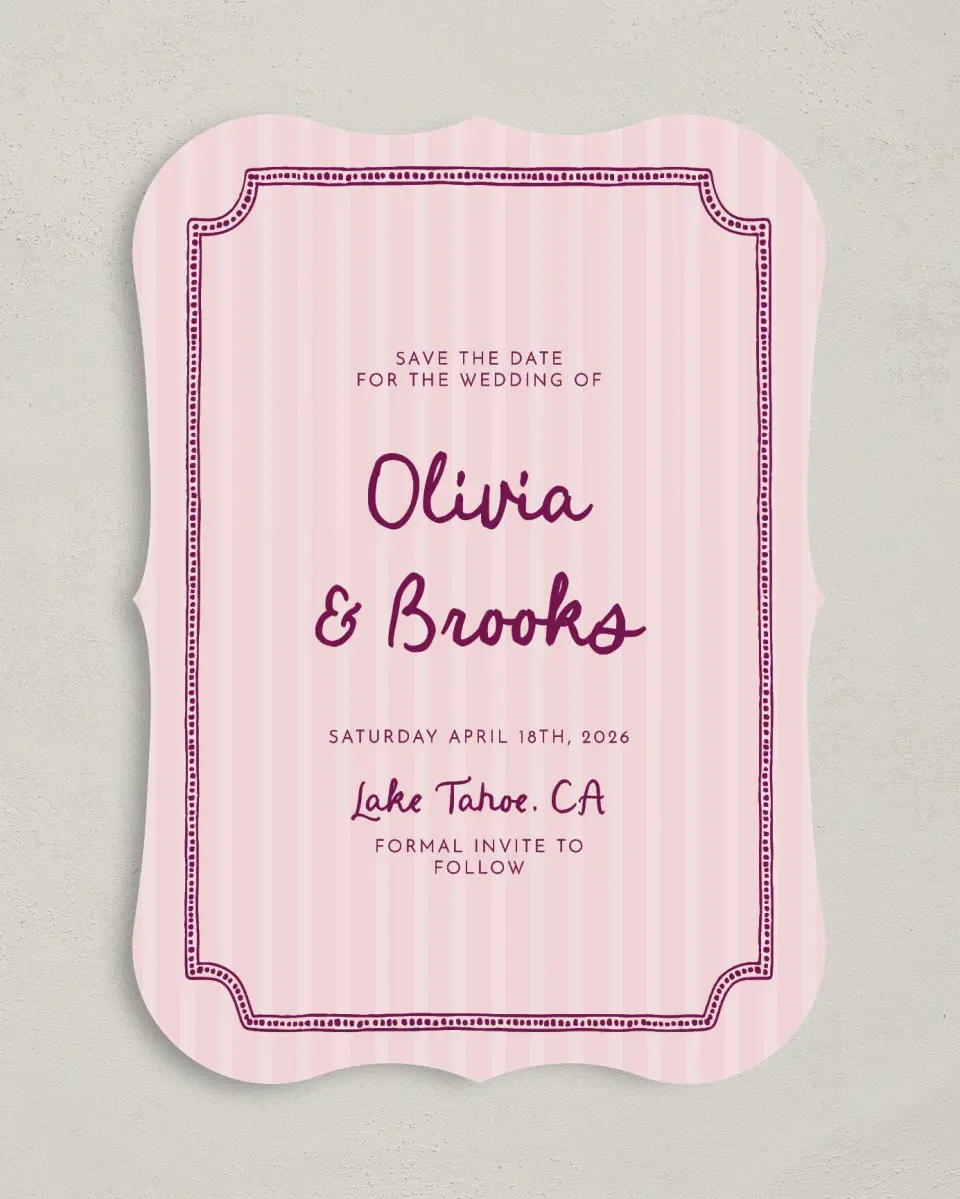 This is a 5" x 7" Save the Date Card called Scalloped Elegance printed in full color on Premium Smooth paper