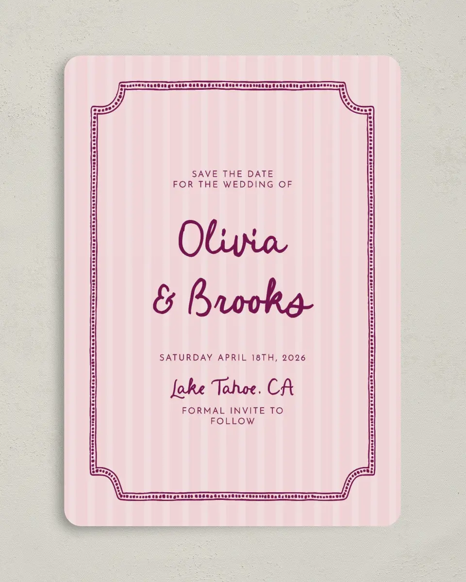 This is a 5" x 7" Save the Date Card called Scalloped Elegance printed in full color on Premium Smooth paper