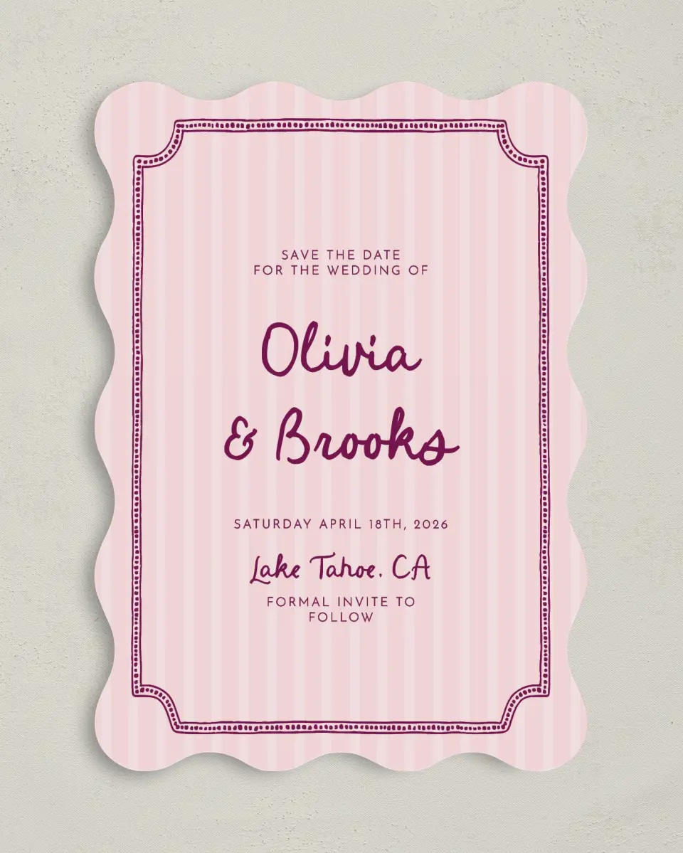This is a 5" x 7" Save the Date Card called Scalloped Elegance printed in full color on Premium Smooth paper